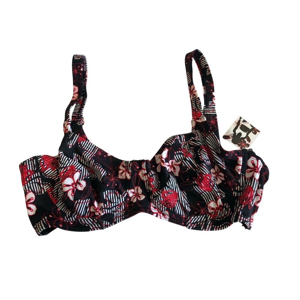 Camille Swim Top Size UK 32D EUR 70D Black Red Floral Hibiscus NEW